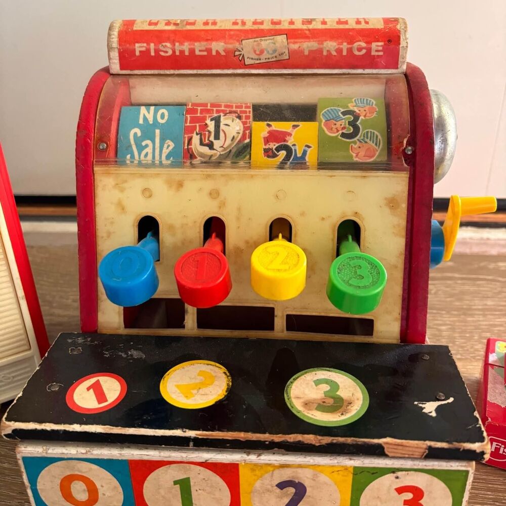 Lot of 3 Fisher Price Vintage Toys Music Box Clock Cash Register TV - Picture 2 of 6